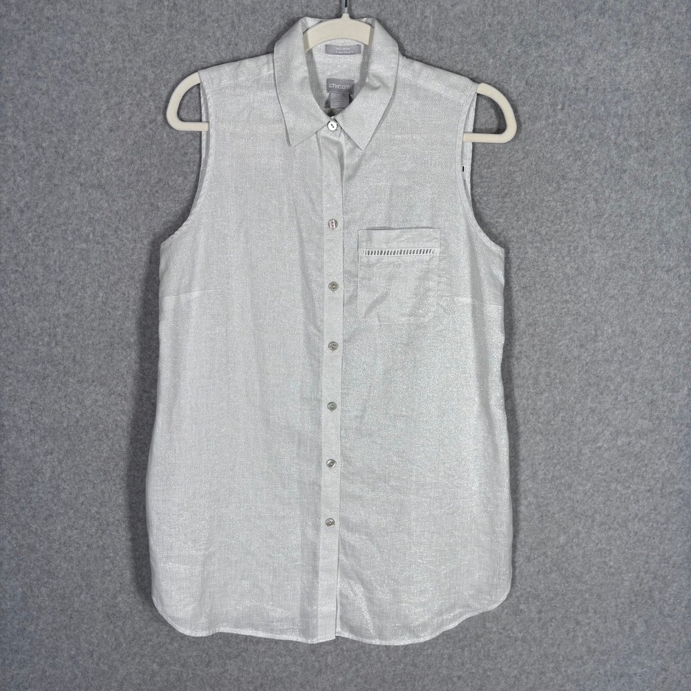 Chicos No Iron Fresh Chic Linen Metallic Tunic Blouse Small Silver Sleeveless